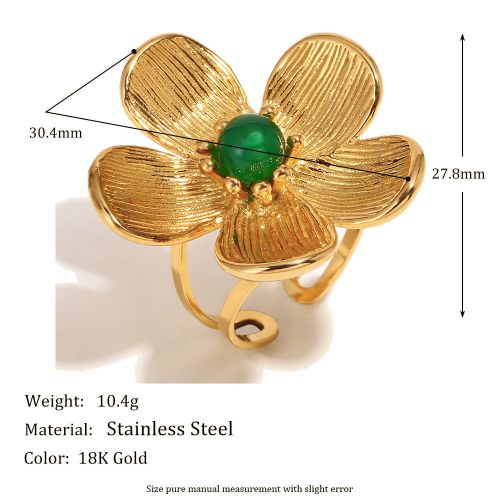 Vintage Floral Stainless Steel Ring with 18K Gold Plating and Emerald Accents for Women