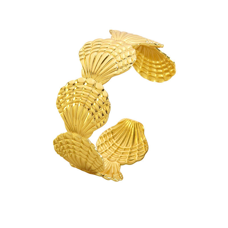 Elegante Bracciale Aperto a Polsino in Acciaio Inossidabile e Titanio a Guscio