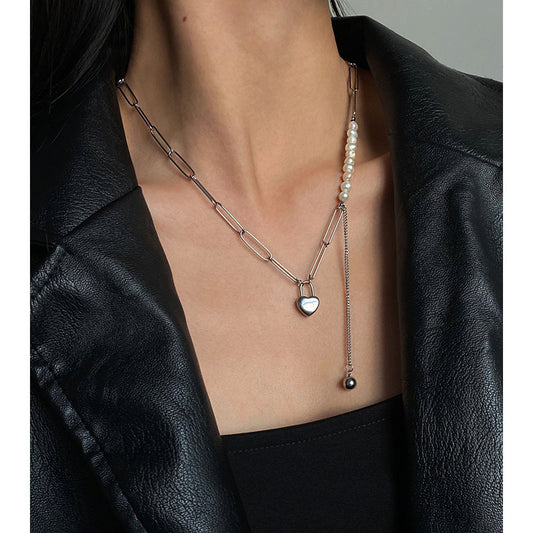 Minimalist Pearl Necklace with Heart-Shaped Pendant in Polished Titanium Steel for Women