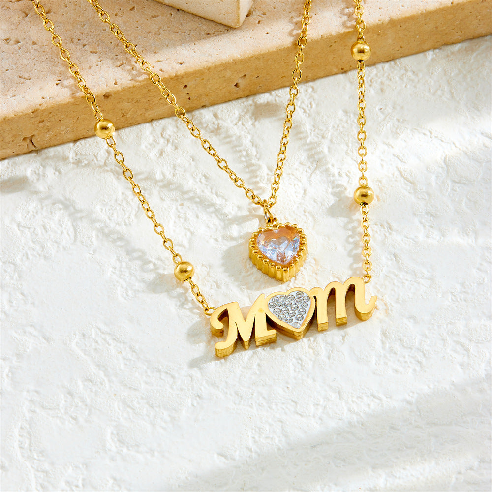 Minimalist Elegant Heart Letter MOM Rhinestone Inlay Stainless Steel Necklace Cable Chain Layered