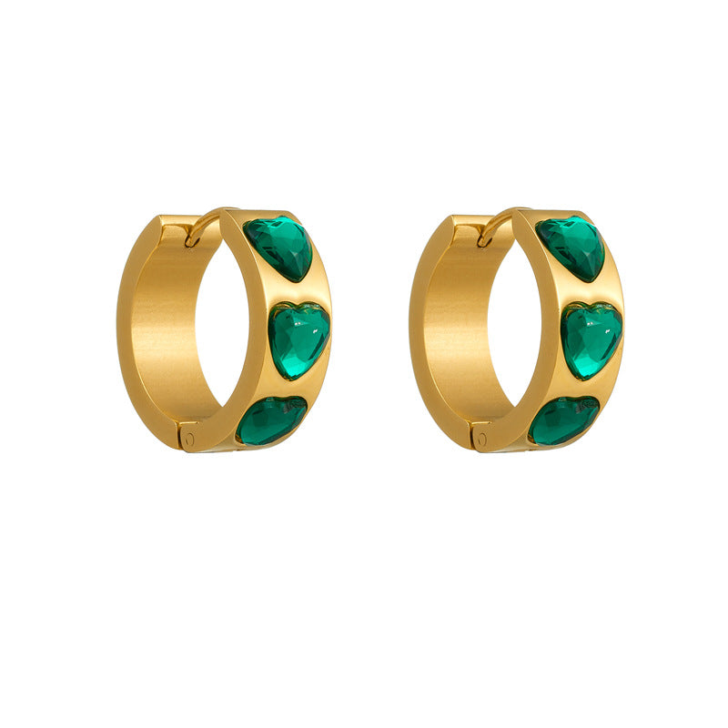 Orecchini a cerchio da donna minimalisti con strass a forma di cuore, incastonati, verde smeraldo, stile vintage, con fascia larga in acciaio al titanio