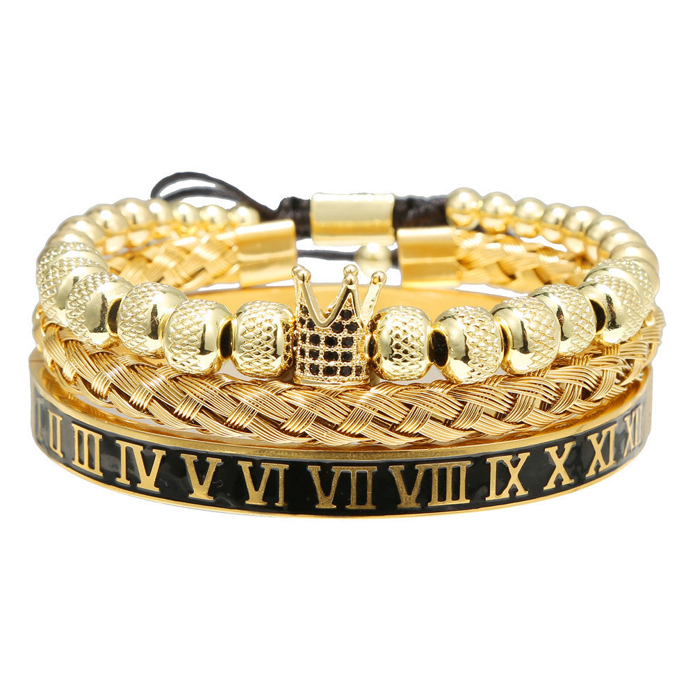 Personalized Double Leopard Head Black Agate Micro-set Cubic Zirconia Brass Stainless Steel Bracelet Set