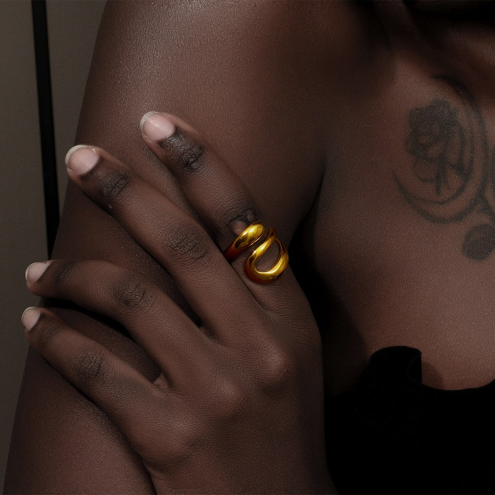 Minimalist Geometric Stainless Steel Plated 18K Gold French-Style Open Snake Ring for Women