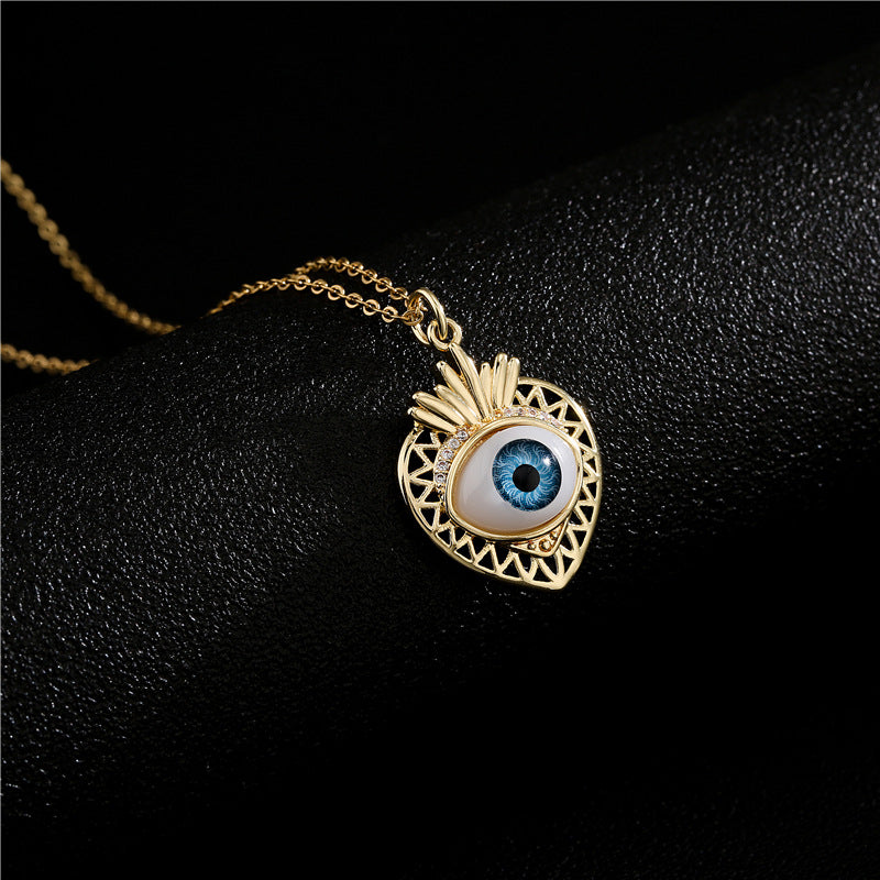 Geometric Fruit Blue Eye Cubic Zirconia Inlay Gold Plated Brass Necklace with Cable Chain