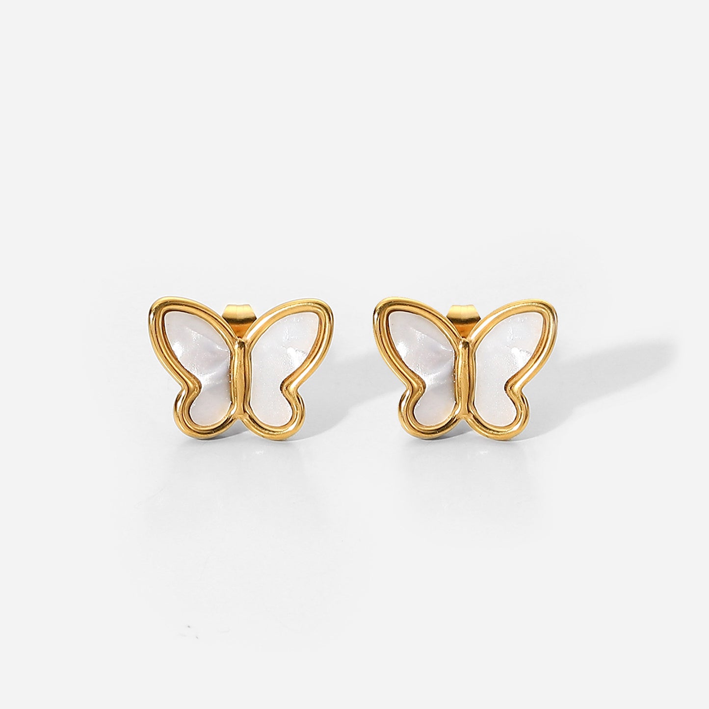 Elegant French Style 18K Gold Plated Stainless Steel Butterfly Stud Earrings for Women with Natural White Shell