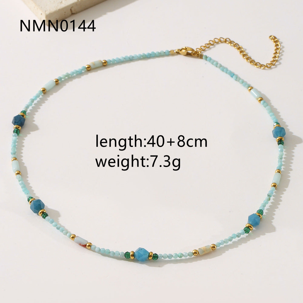 Collar estilo francés retro con piedra natural azul geométrica para mujer con acabado chapado y diseño de cuentas