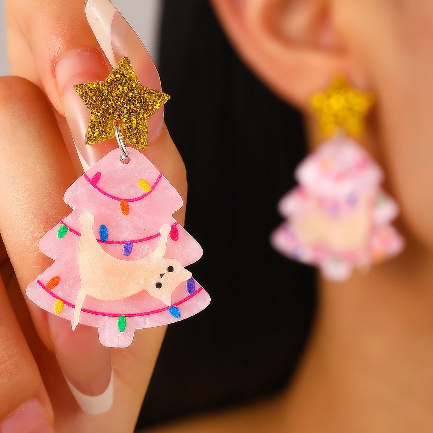 Orecchini a perno da donna creativi a forma di albero di Natale e stella, in acrilico, con perni in oro 14K e stampa fiocco di neve