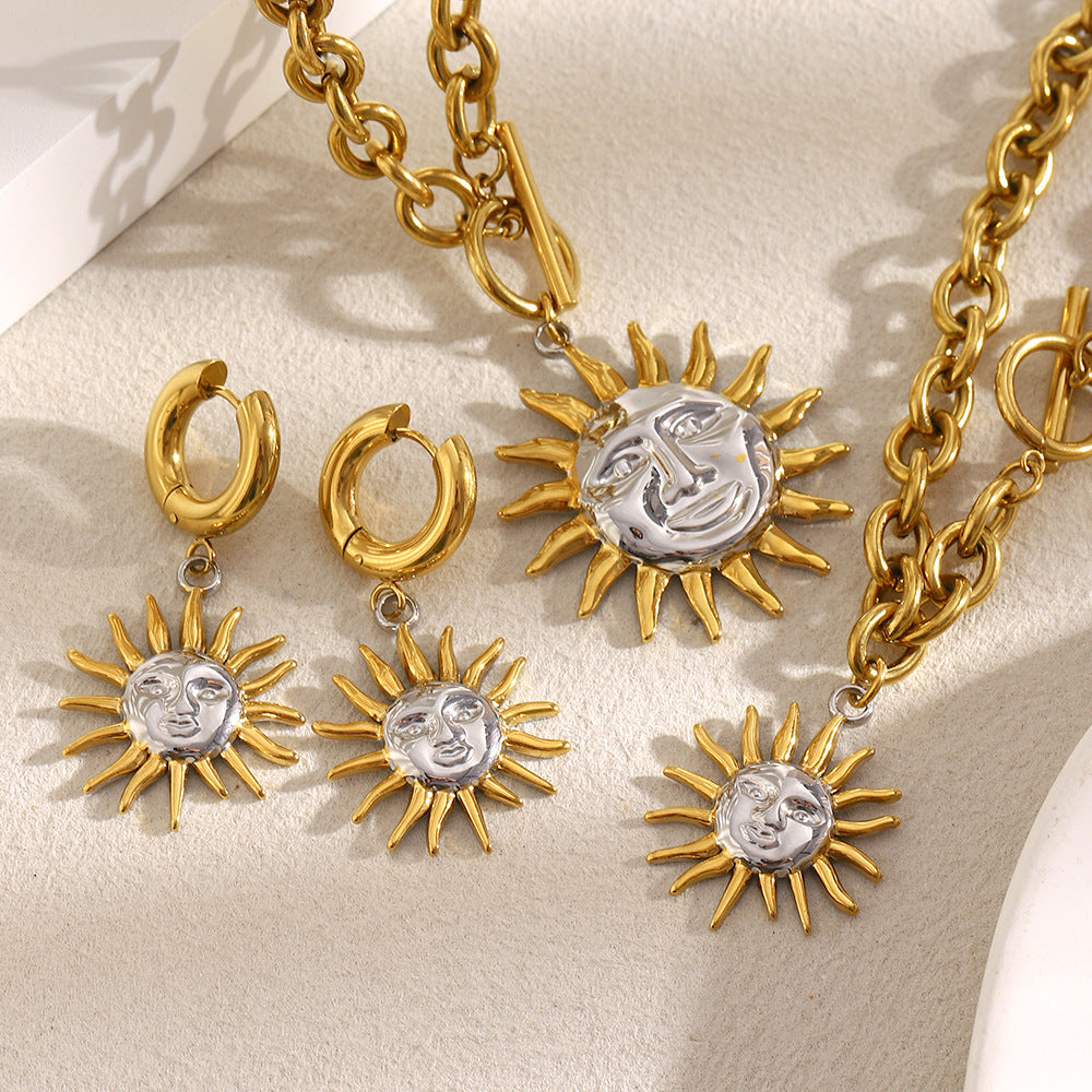 Conjunto de joyas con colgante de sol geométrico de moda, chapado en oro de 18 quilates, de acero inoxidable, con cadena tipo O, collar, pulsera y pendientes para mujer