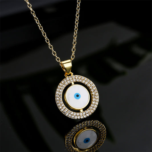 Geometric Drip Oil Brass Inlaid Cubic Zirconia Evil Eye Necklace with Cable Chain