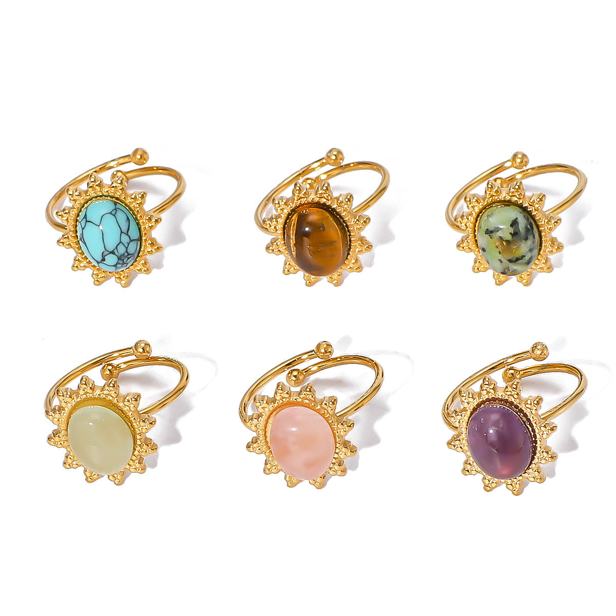 Anello Geometrico in Acciaio Inossidabile con Intarsi in Occhio di Tigre e Turchese, Anello da Donna Regolabile alla Moda