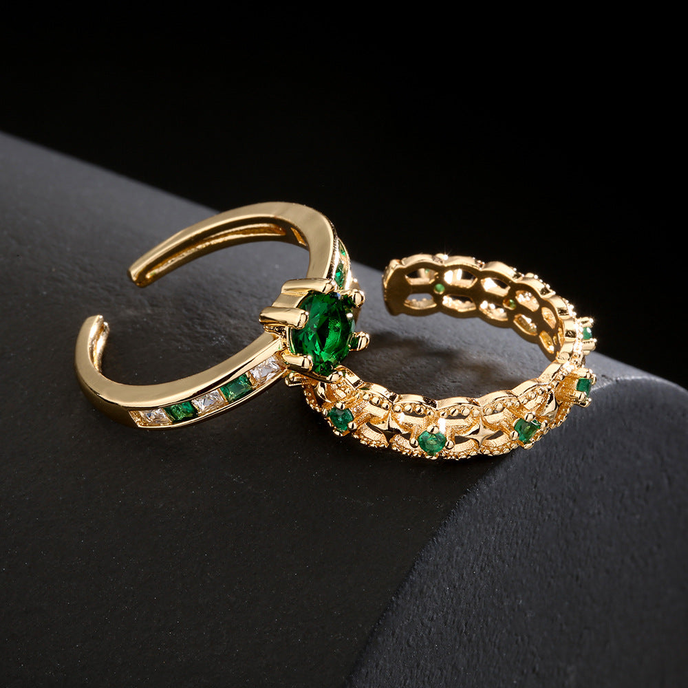 Vintage Minimalist Geometric Copper Ring with 18K Gold Plating and Micro-Paved Green Zirconia for Women