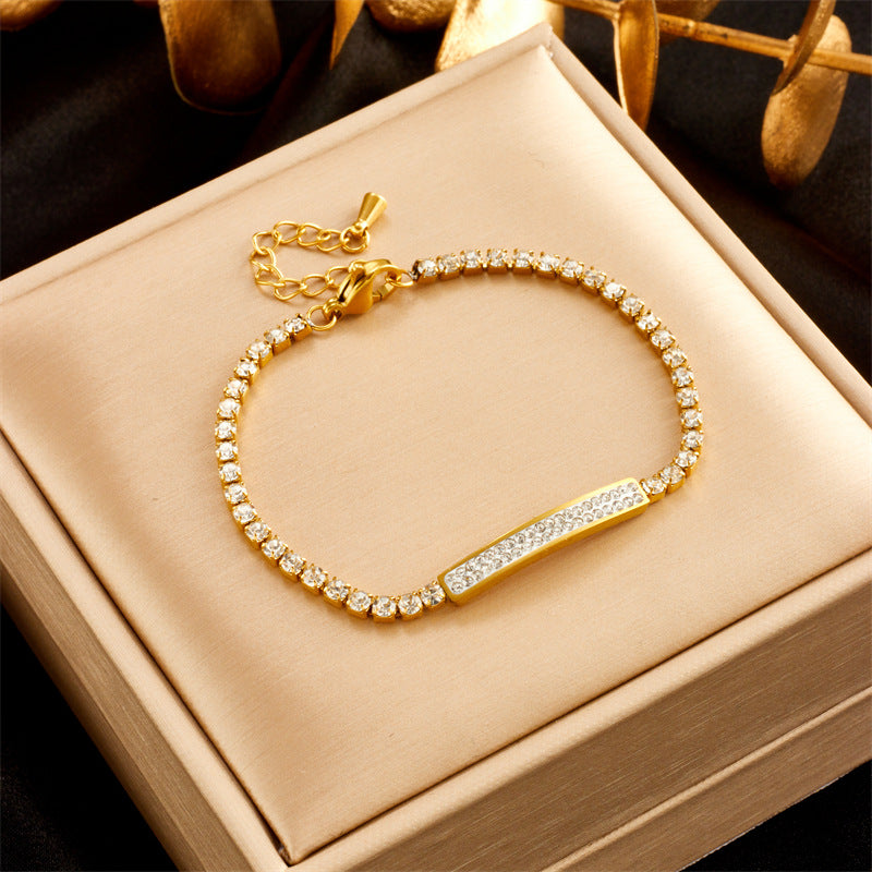 Minimalist Titanium Steel Bracelet with Rhinestone Inlay and Linear Design for Women
