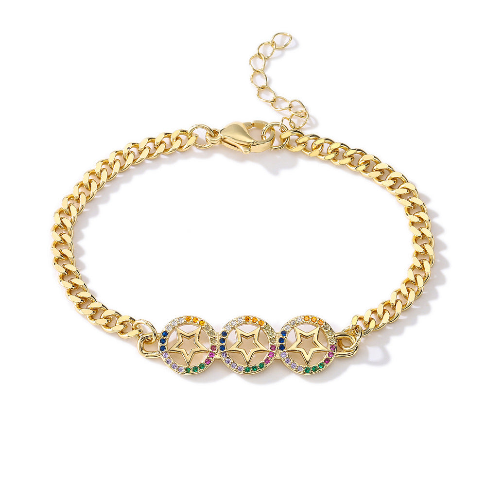 Gold Plated Brass Micro-Inlaid Cubic Zirconia Star Bracelet for Women