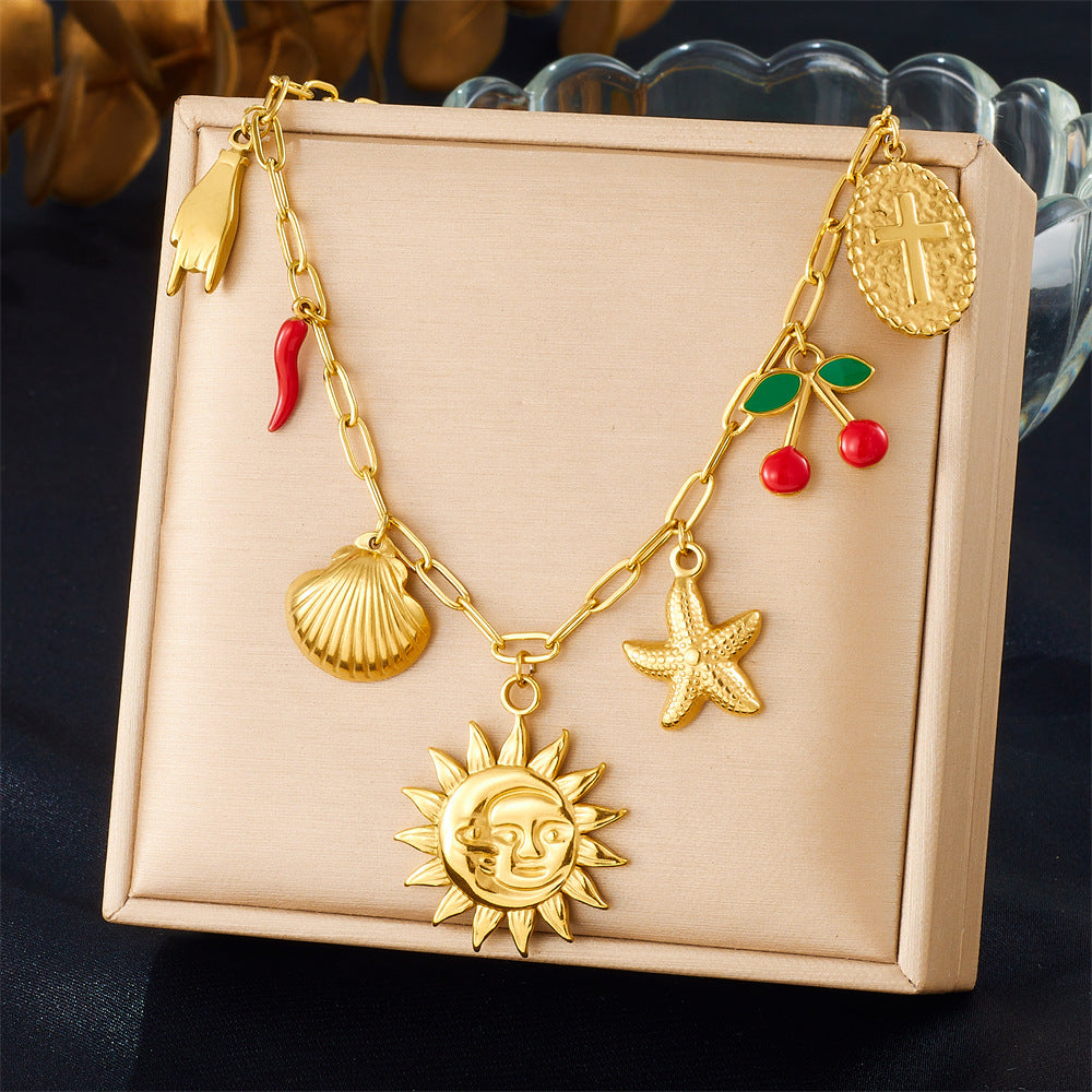 Streetwear Stainless Steel Plated Face Sun Chili Pepper Starfish Shell Cross Pendant Box Chain Necklace for Women