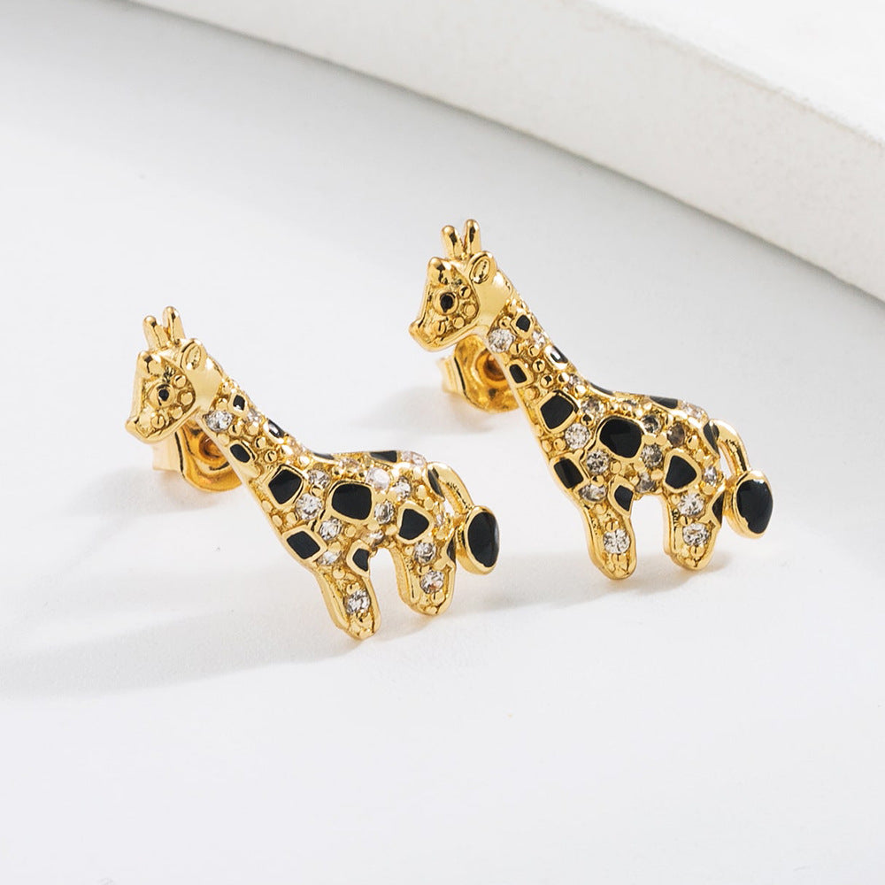 Cute Minimalist Dog and Giraffe Stud Earrings for Women Made of Brass with 18K Gold Plating and Zircon Inlay