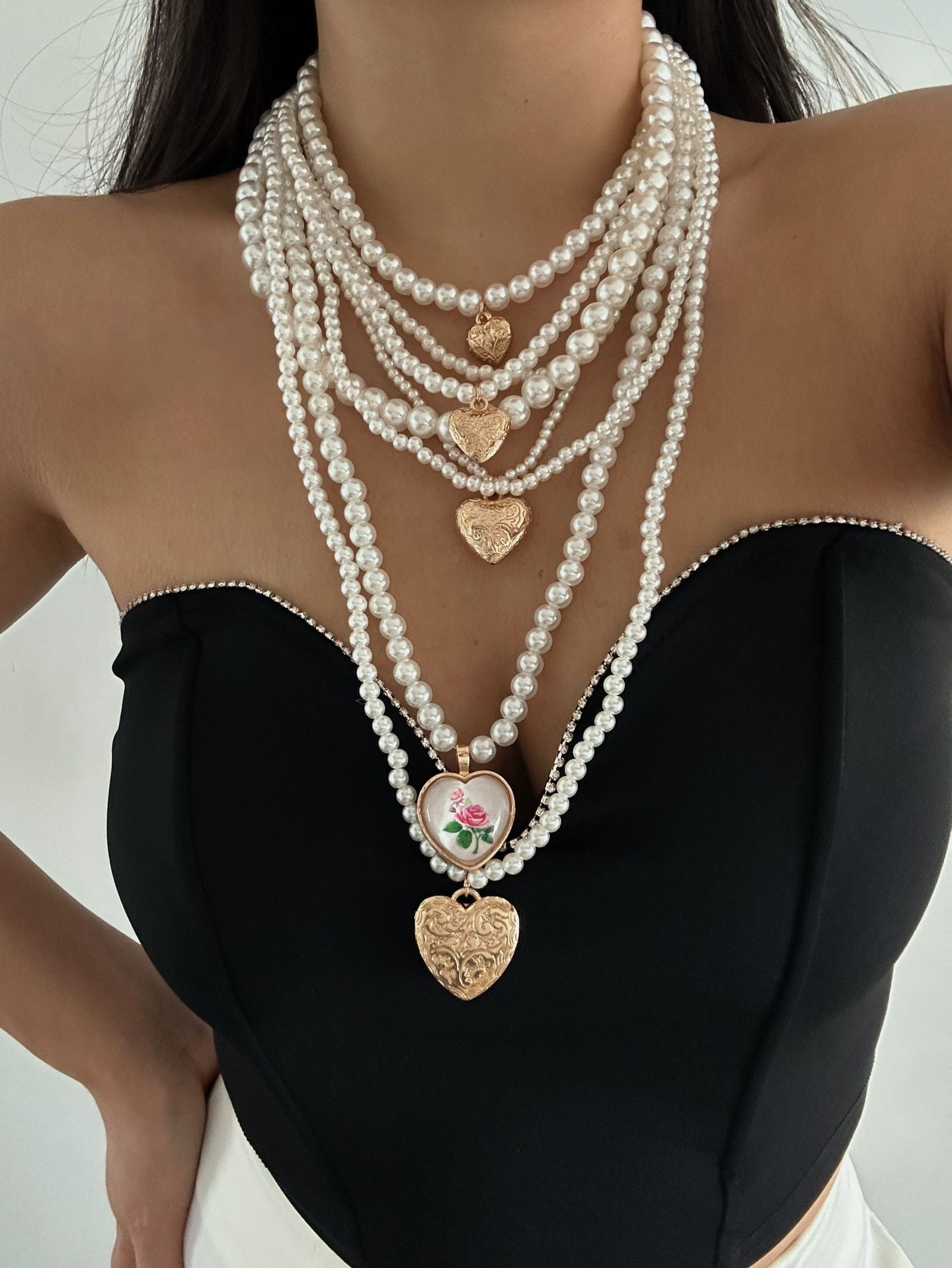 Vintage Bohemian Hip-hop Heart Floral Geometric Alloy Plated Imitation Pearl Layered Necklace for Women