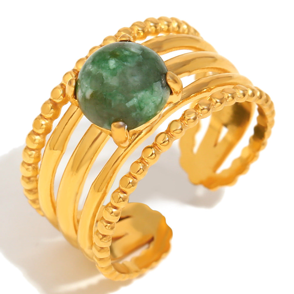 Vintage Style Geometric Stainless Steel Ring with 18K Gold Plating and Jade Stone Accent for Women