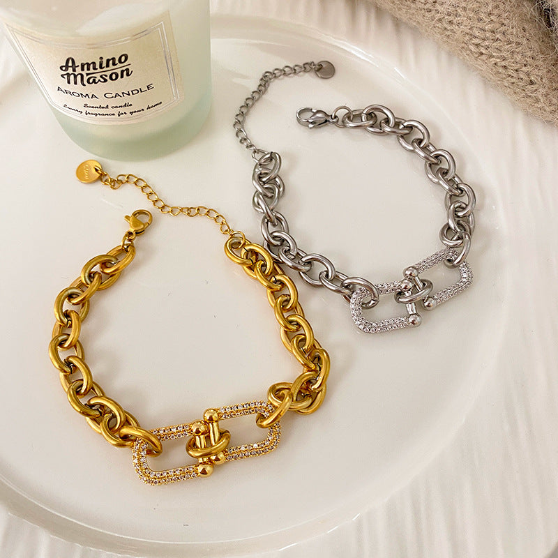 Minimalist Gold Plated Titanium Steel Micro-Pave Diamond Horseshoe Clasp Cuban Link Bracelet