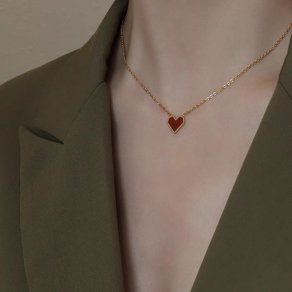 Minimalist Red Heart-Shaped Titanium Steel Necklace for Women with Cross Chain Design