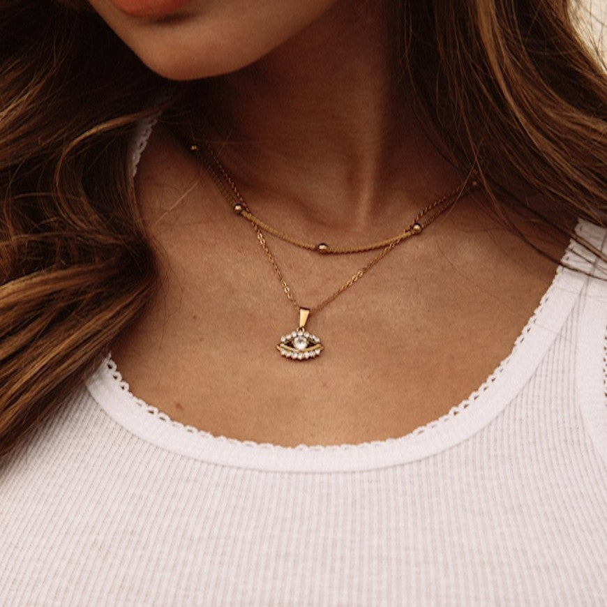 Collana da donna con ciondolo a occhio geometrico in argento sterling 925 placcato oro 18 carati minimalista