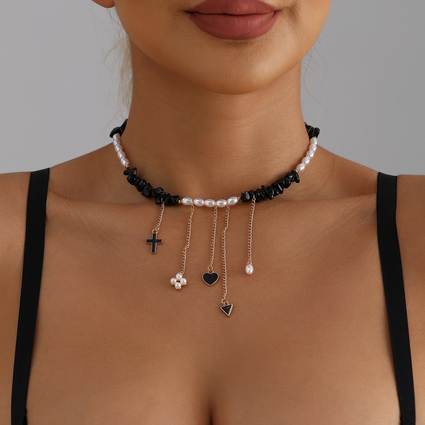 Casual Heart-Shaped Alloy Pendant Necklace with Cross Design and Pearl Accents for Women