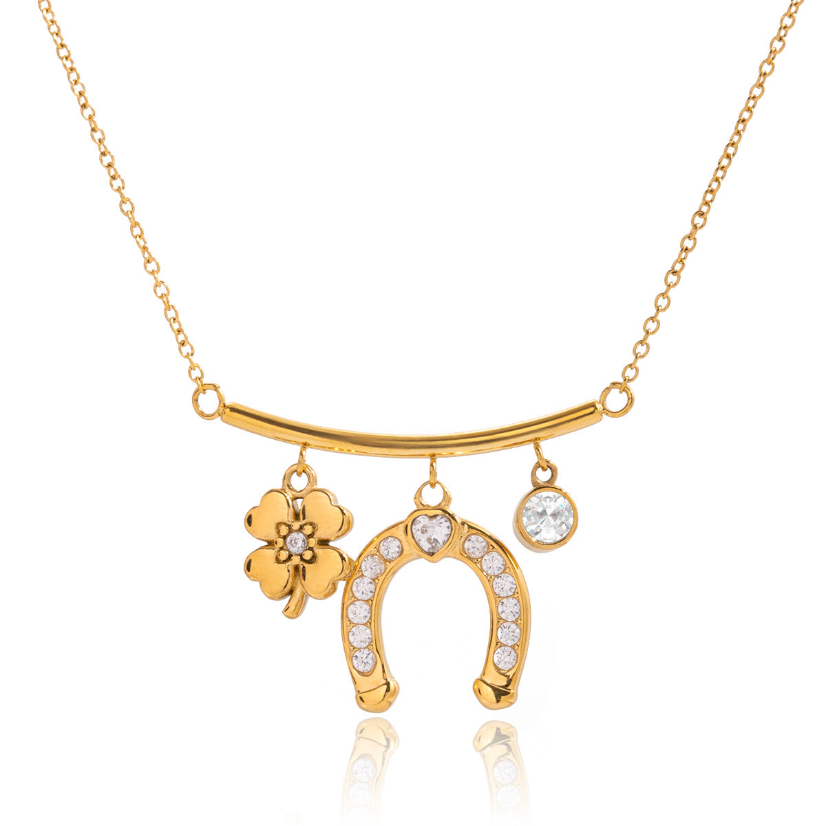 Elegante set de collar con colgante de herradura de acero titanio y detalles de diamantes de imitación, pendientes y pulsera de acero inoxidable galvanizado para mujer