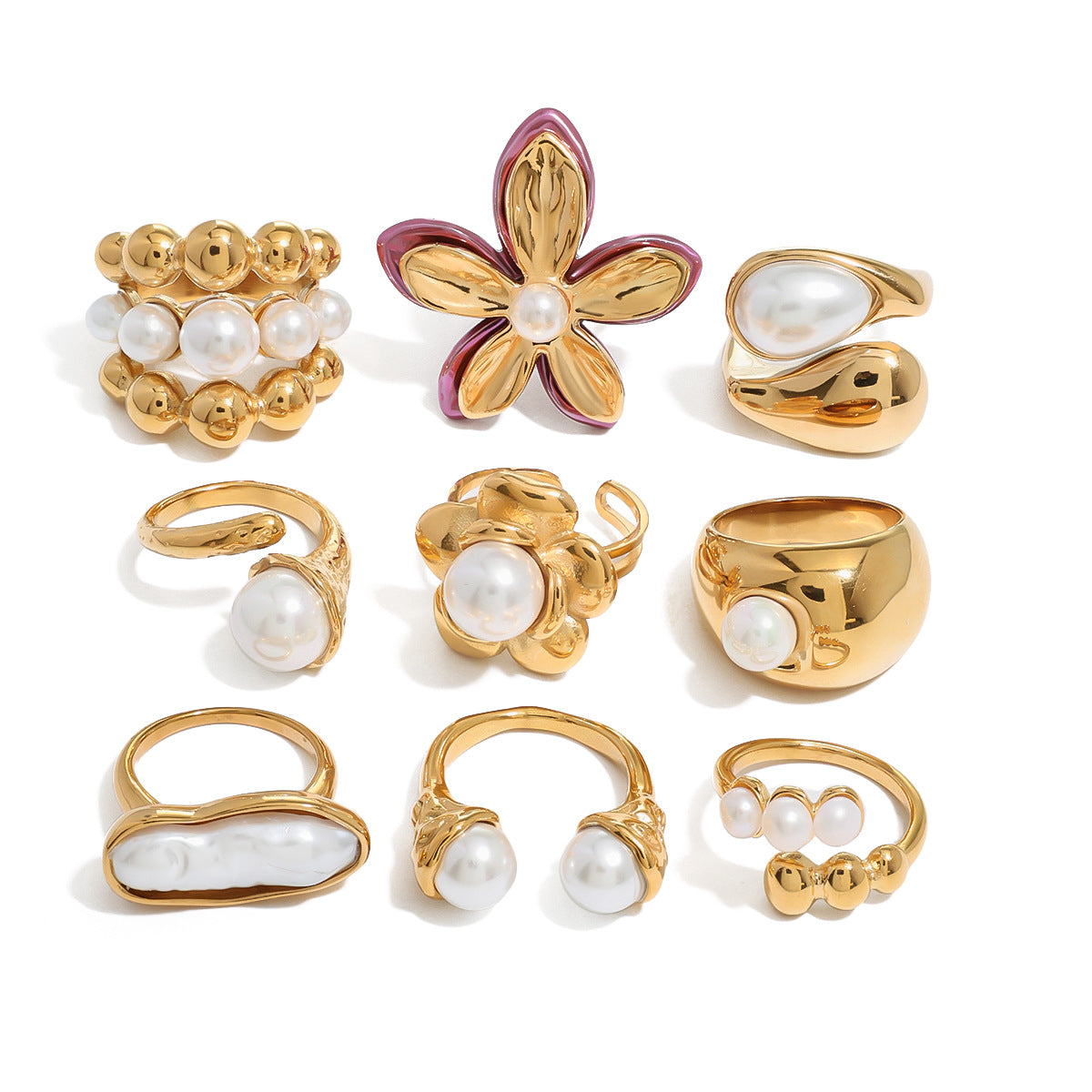 Anillo de Acero Inoxidable con Incrustaciones Geométricas de Perlas y Baño de Oro para Mujer