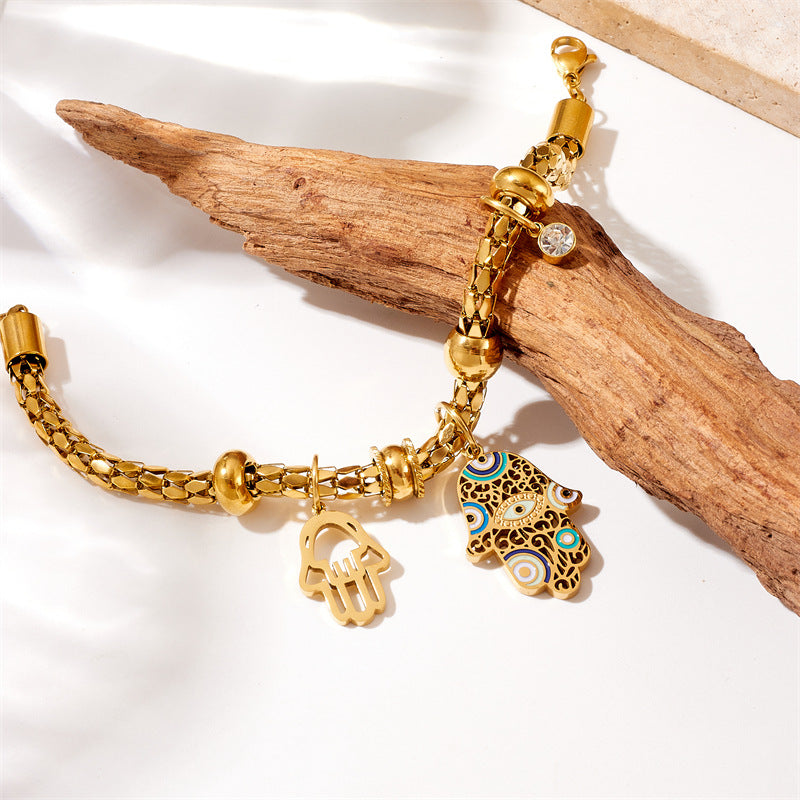 Bracciale a catena cilindrica con ciondolo a palma smaltato in acciaio al titanio placcato oro, stile vintage, da donna