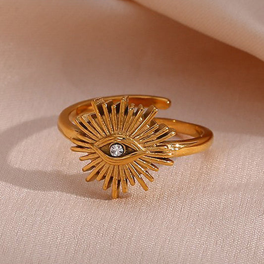 Anillo Abierto de Acero Inoxidable con Chapado de Oro de 18K y Diseño Geométrico de Ojo Turco a la Moda para Mujer