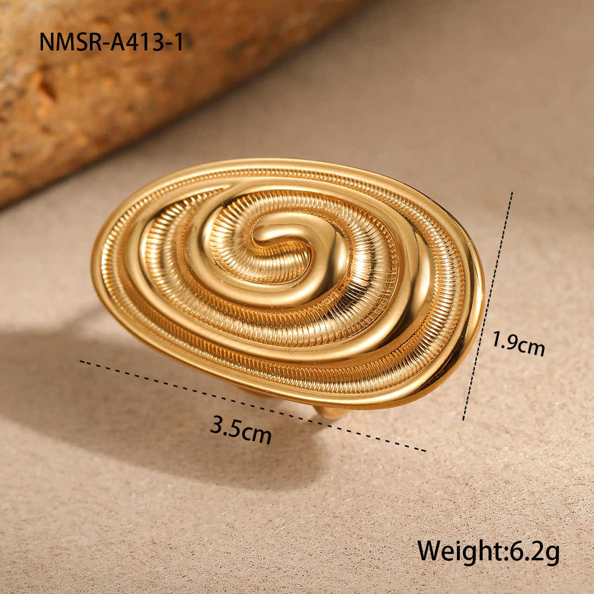 Anillo Vintage Ovalado de Acero Inoxidable con Forma de Concha Marina y Baño de Oro de 18K para Mujer