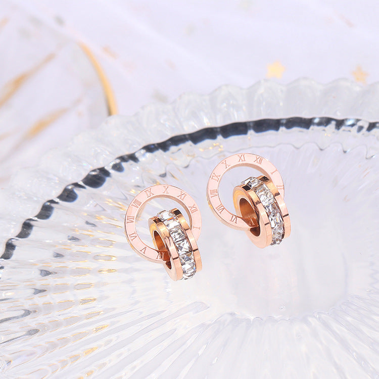 Geometric Double-Hoop Rose Gold Plated Titanium Steel Stud Earrings for Women with Rhinestone Accents