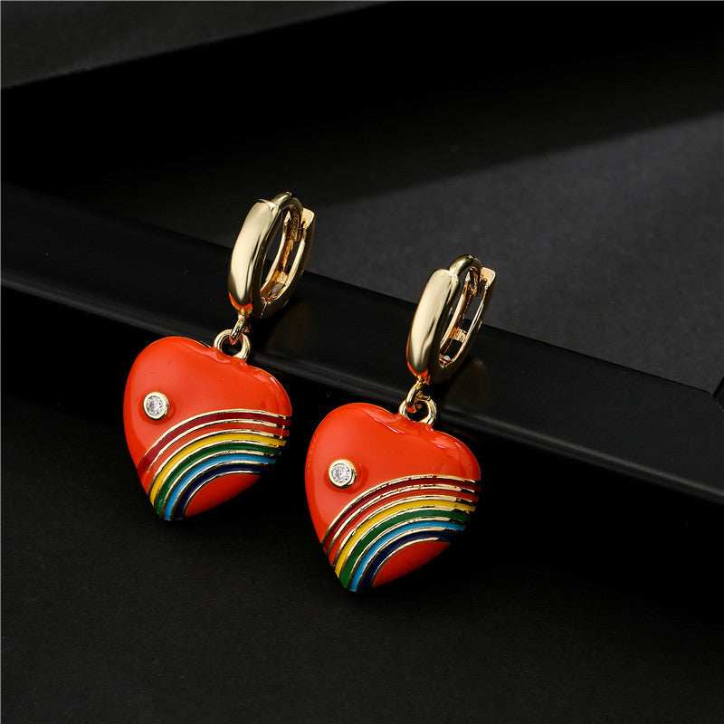 Vintage Drip Oil Rainbow Heart Geometric Brass 18K Gold Plated Micro-set Cubic Zirconia Earrings for Women