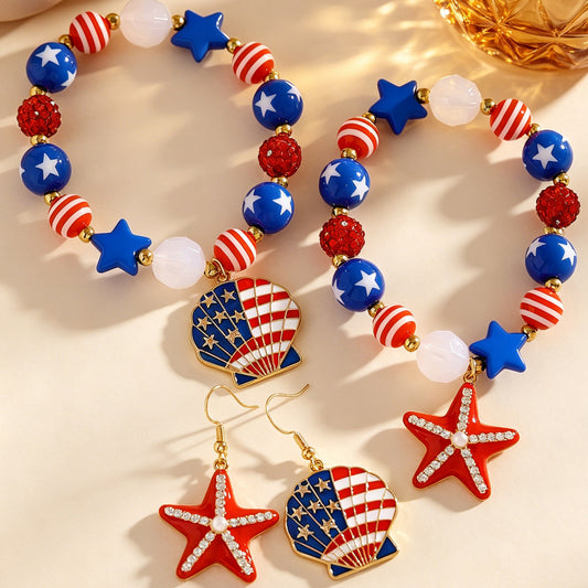 Juego de pendientes y pulsera de aleación de zinc con incrustaciones de pedrería y diseño de estrella de mar para mujer