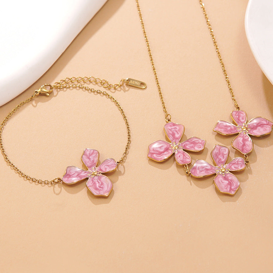 Sweet Drip Oil Floral Stainless Steel Necklace and Bracelet Set for Women