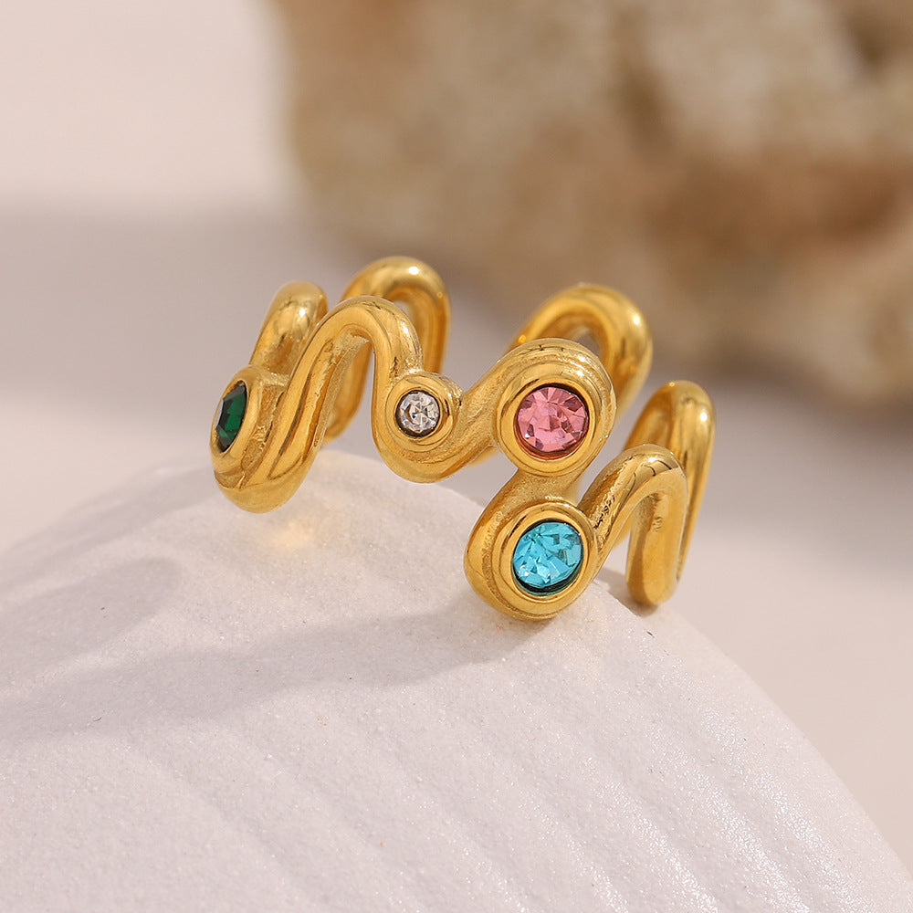 Elegant Wave-Shaped Geometric Stainless Steel Ring with 18K Gold Plating and Colorful Rhinestone Inlay for Women