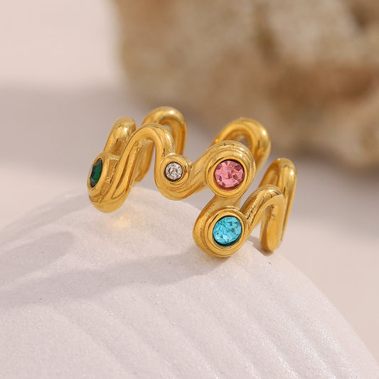 Elegant Wave-Shaped Geometric Stainless Steel Ring with 18K Gold Plating and Colorful Rhinestone Inlay for Women
