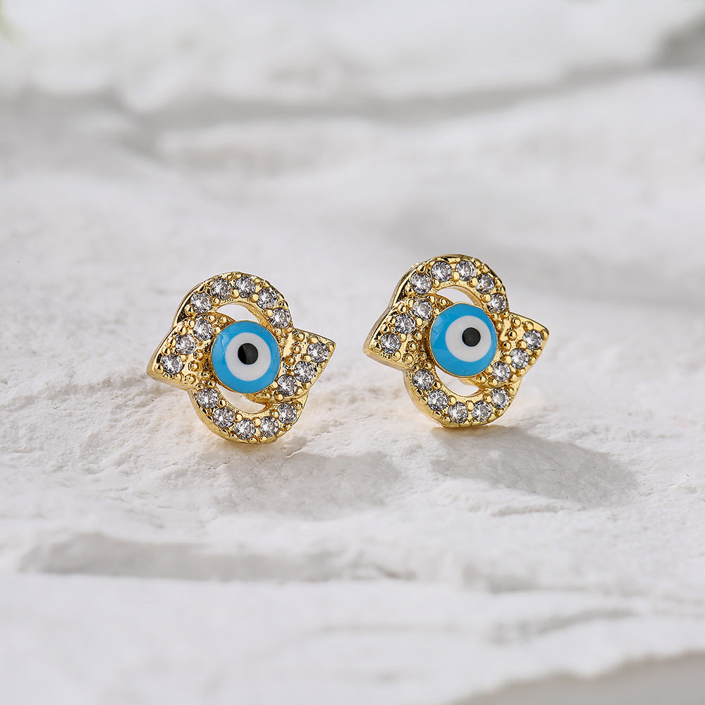 Minimalist Geometric Eye Stud Earrings for Women with Copper Base Plated in 18K Gold and Enamel Finish with Micro-Paved Zirconia
