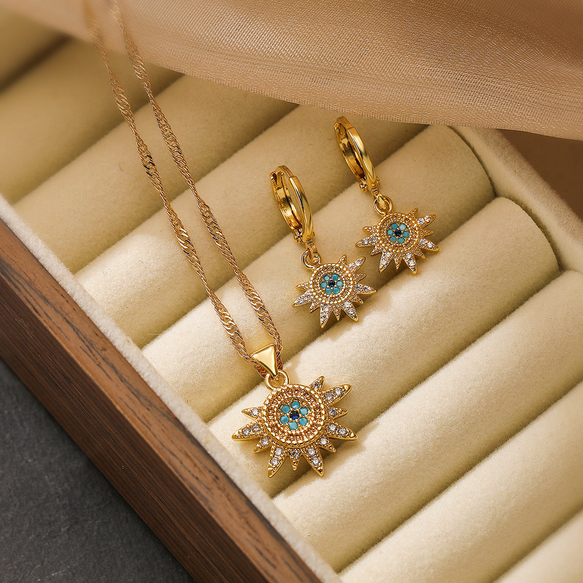Minimalist 18K Gold Plated Copper Zircon Evil Eye Geometric Pendant Necklace and Earring Set for Women