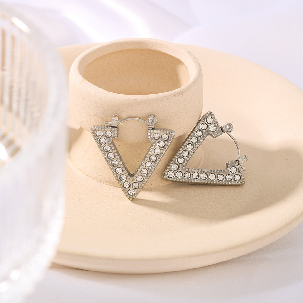 Geometric Rhombus Pattern Earrings for Women Stainless Steel with Zircon Inlay and 18K Vacuum Plating