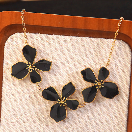 Elegant Stainless Steel Drip Oil Floral Necklace and Earring Set for Women