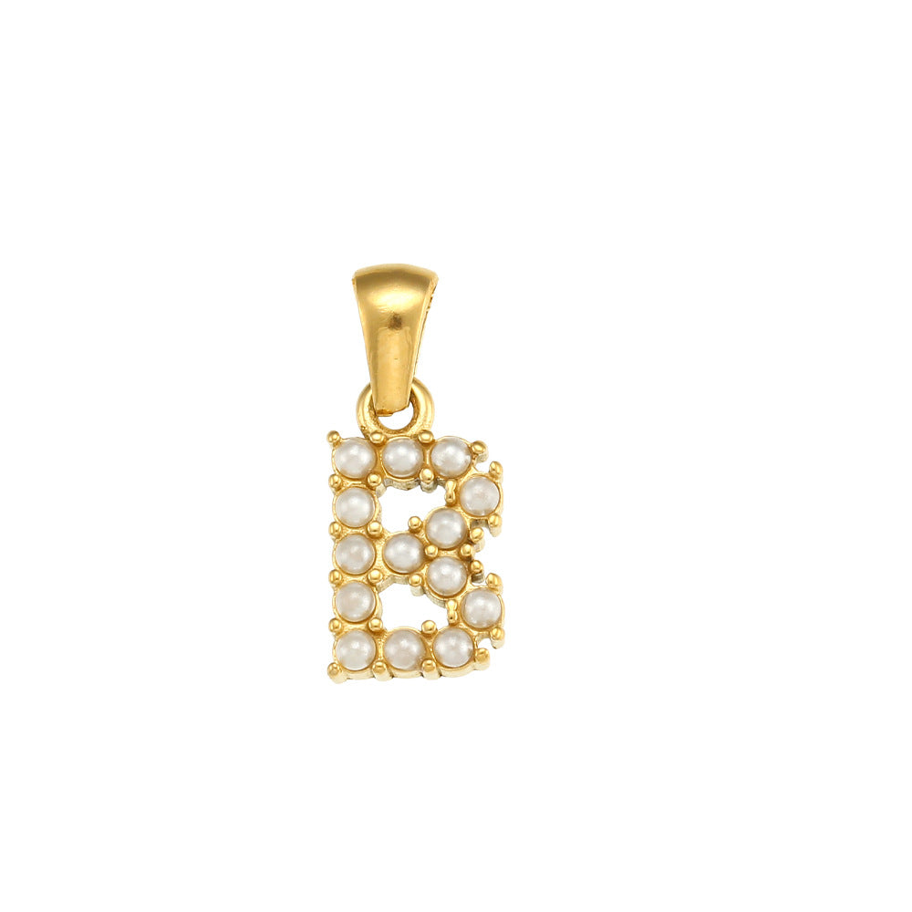 Minimalist Letter Pendant Necklace Stainless Steel with 18K Gold Plating Micro-Pave Zirconia and Pearl Accents