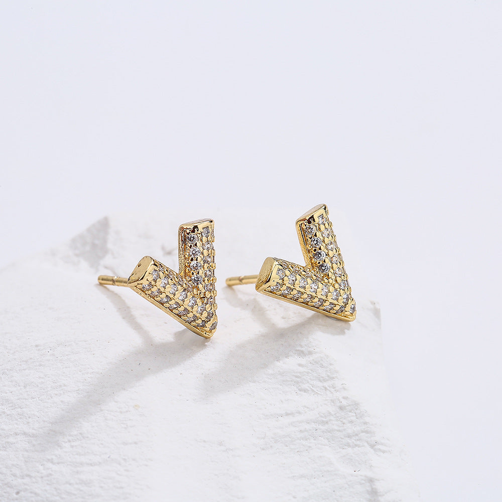 Minimalist Irregular Geometric Copper Stud Earrings with 18K Gold Plating and Zircon Accents for Women