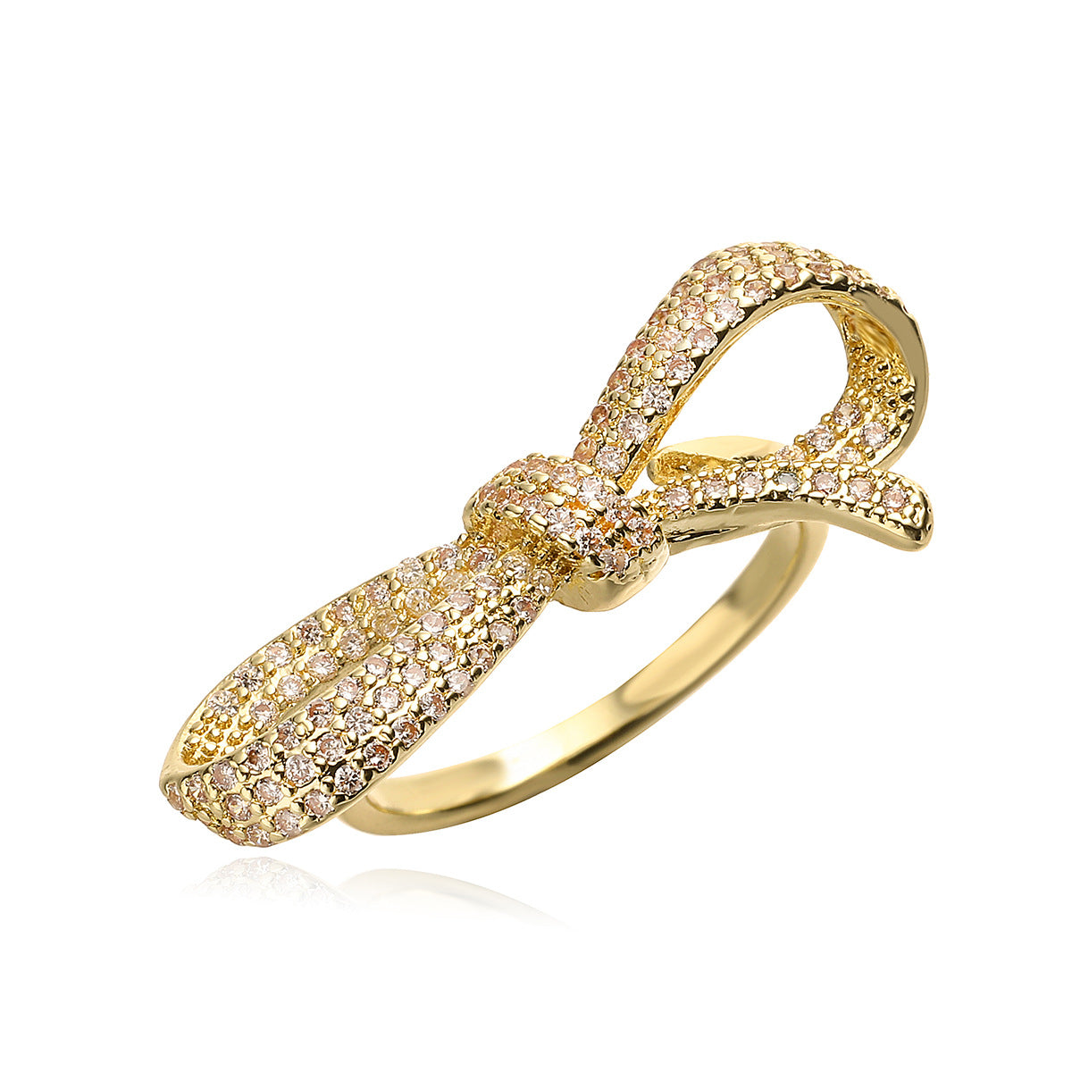 Sweet 18K Gold Plated Brass Geometric Bow Knot Ring with Cubic Zirconia for Women