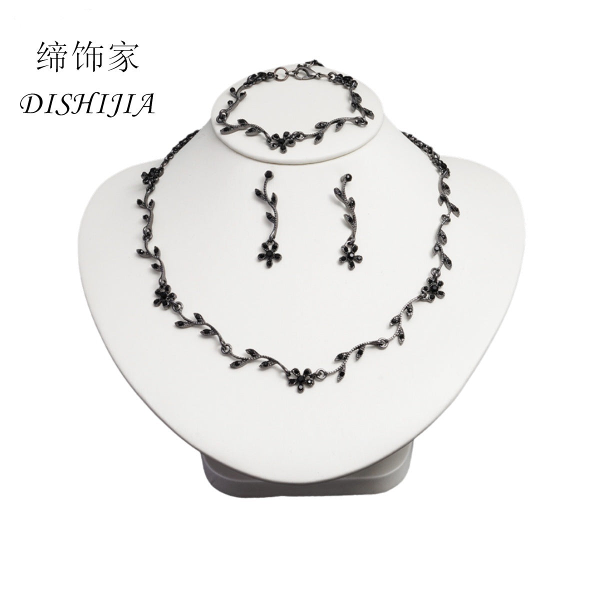 Natural Style Leaf-Shaped Rhinestone-Set Alloy Necklace Earrings Bracelet Jewelry Set for Women with Plated Finish and O-Chain