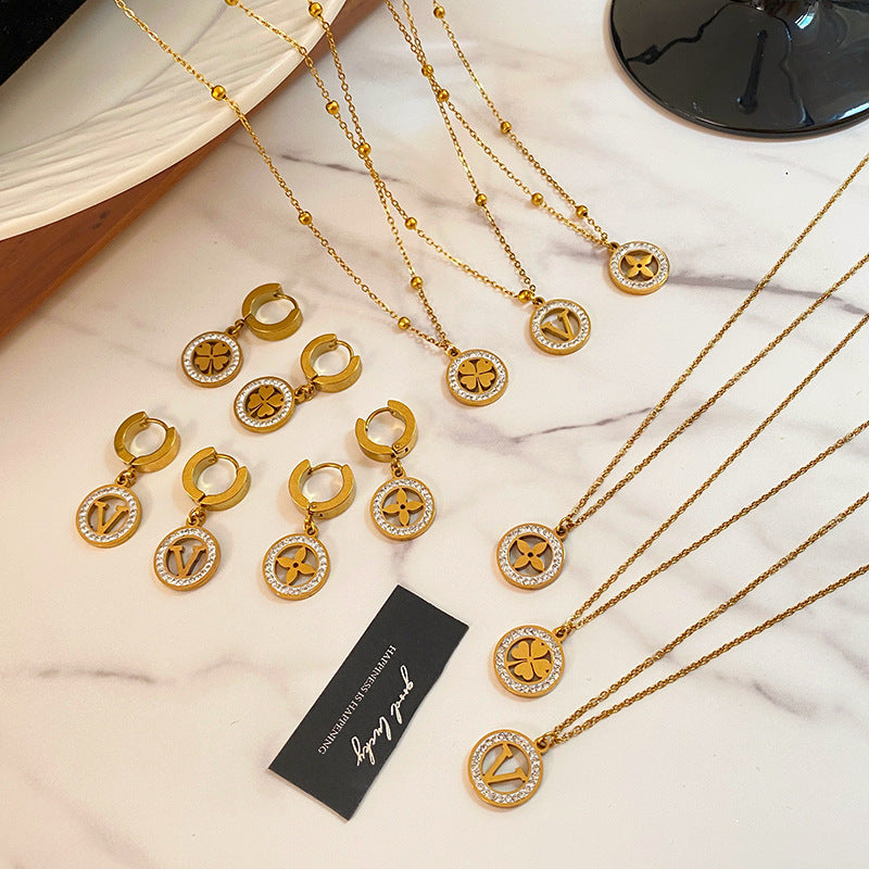 Gold Plated Titanium Steel Micro-Pave Diamond Hollow Round Geometric Necklace and Earring Set