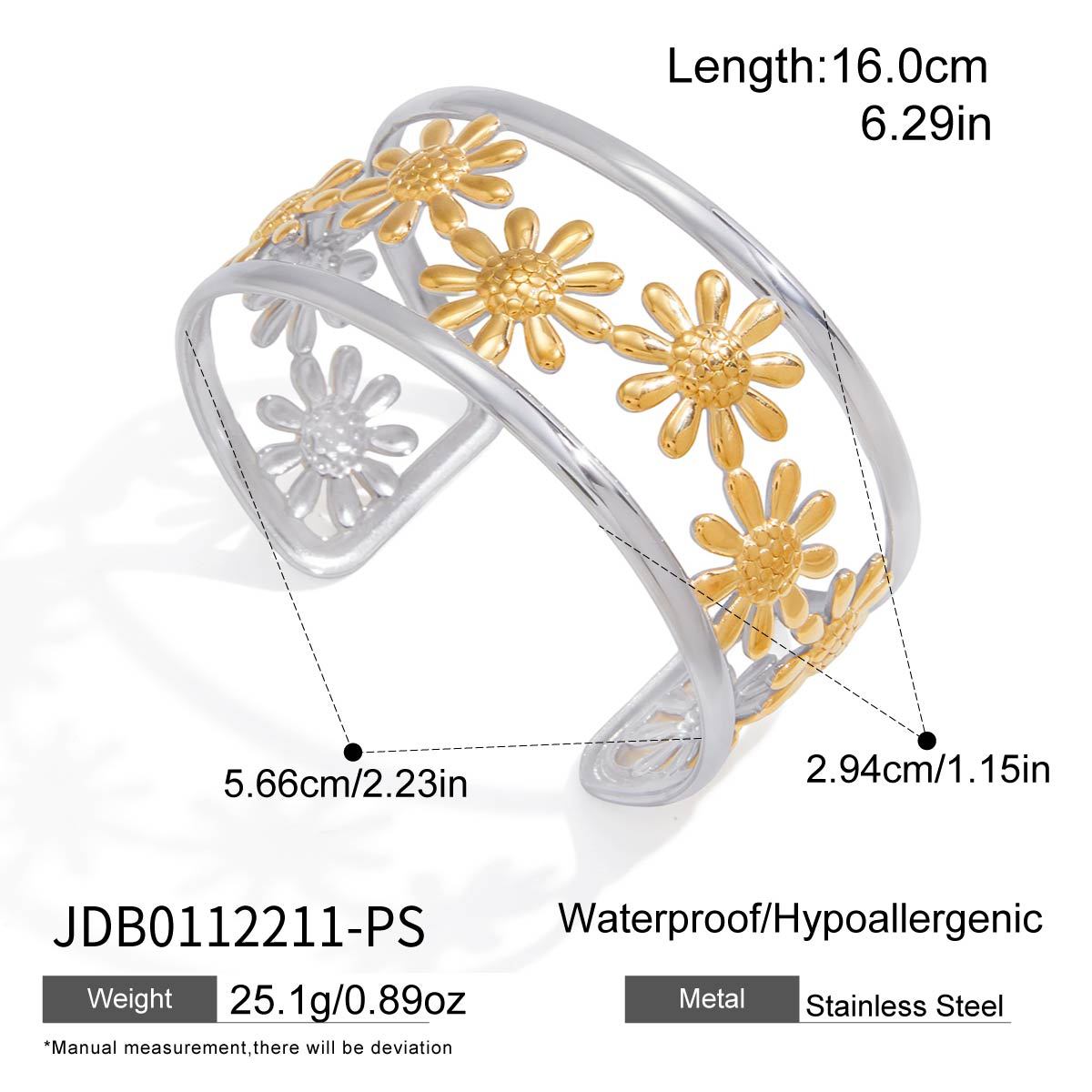 Sweet Streetwear Two-Tone Gold and Silver Plated Stainless Steel Floral Curve Bracelet and Ring Set for Women
