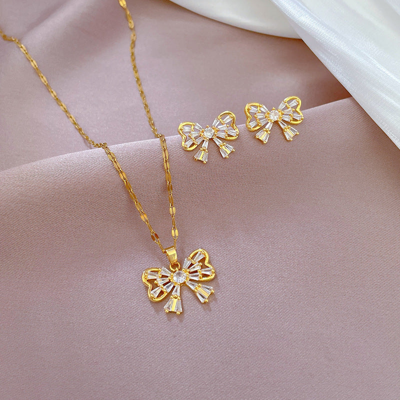 Minimalist Butterfly Pendant Necklace and Earrings Set in Titanium Steel with Micro-Pavé Setting and Plated Finish