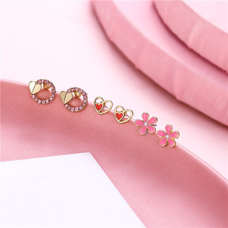 Pendientes de aleación con forma de corazón y flor, estilo dibujos animados, para niñas, con esmalte.