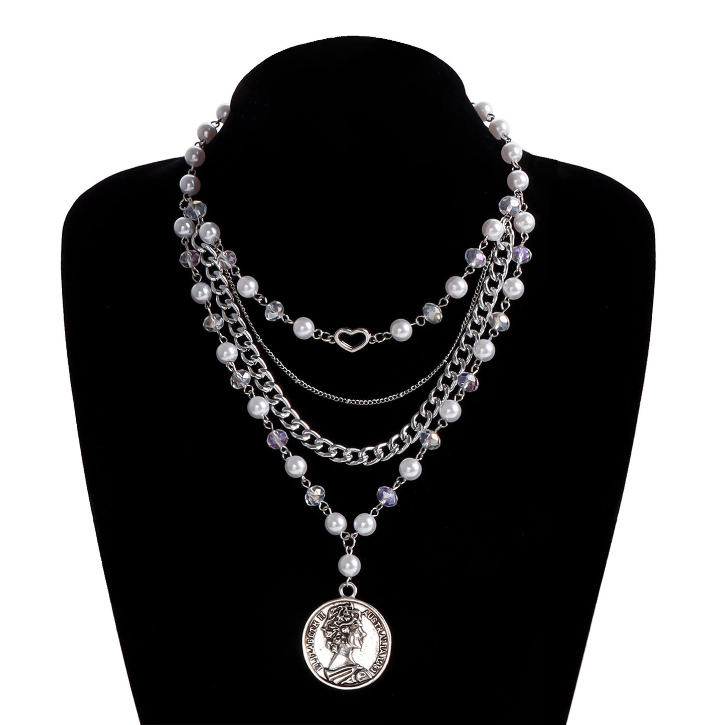 Vintage Geometric Multi-Layer Heart-Shaped Alloy Pendant Necklace with Plated Finish for Women