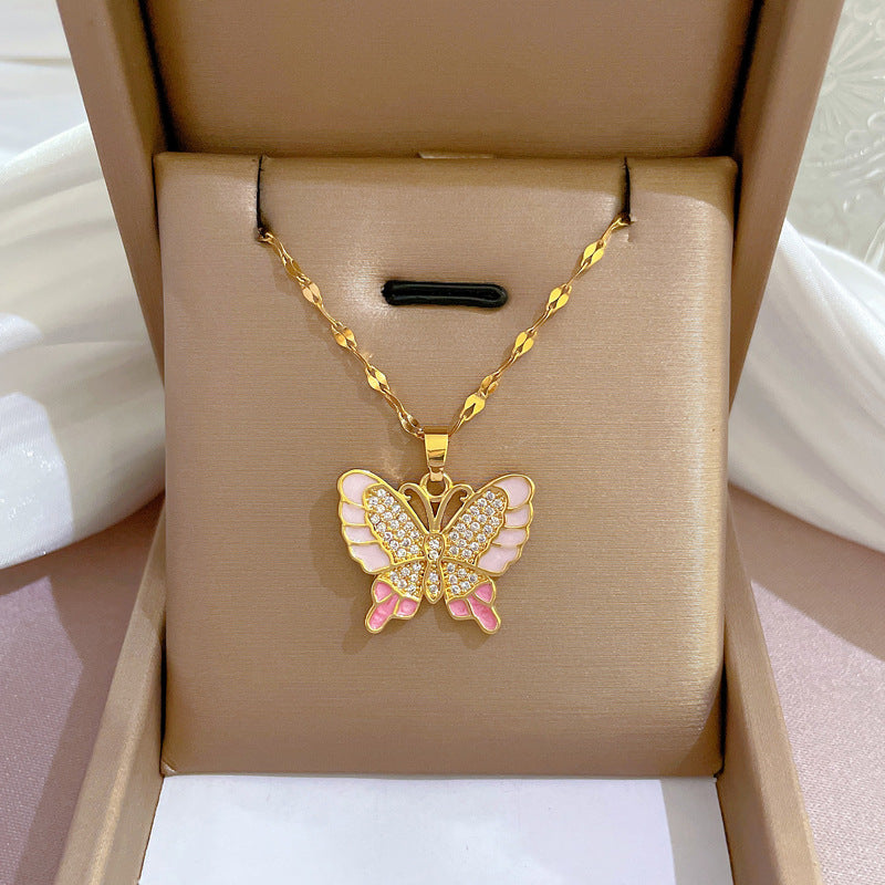 Sweet and Edgy Butterfly-Shaped Titanium Steel Necklace with Rhinestone Inlay, Minimalist Geometric Pendant on Titanium Steel Chain for Women